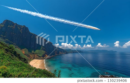 Coastal Cliffscape with Jet Contrail and Azure Ocean 130239406