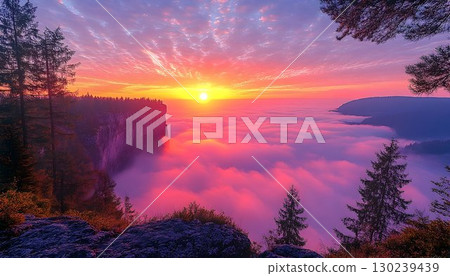 Majestic Sunset Above the Clouds with Dramatic Cliffside Silhoue 130239439