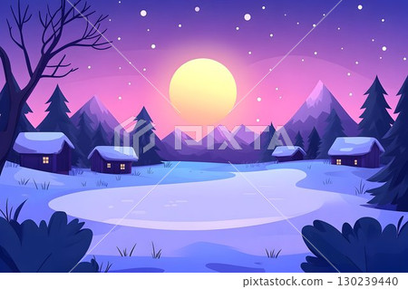 Winter landscape with snow covered cabins, mountains, and a larg 130239440