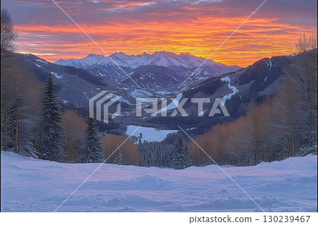 Fiery Sunset Over Snow-Covered Mountain Valley 130239467