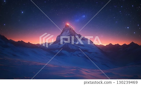 Majestic Mountain Peak Illuminated Under a Starry Night Sky with 130239469