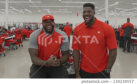 Joyful Automotive Technicians in Red Uniforms Inside Modern Show 130239557