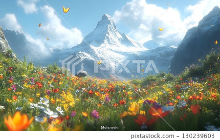 Majestic Mountain Peak with Colorful Wildflowers and Floating Bu Majestic Mountain Peak with Colorful Wildflowers and Floating Bu 130239603