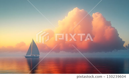 Serene Sailboat Journey at Sunset with Towering Pink Clouds Refl 130239604