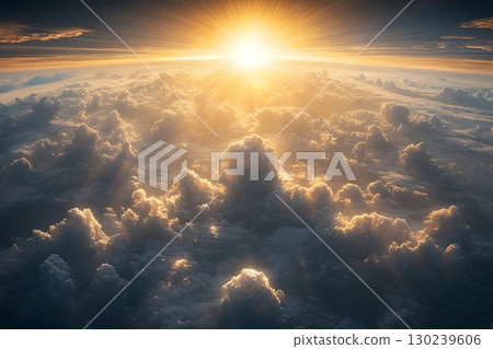 Golden Sunlight Piercing Through Cumulus Clouds, Creating Dramat 130239606
