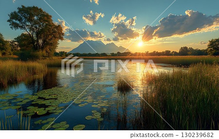 Serene Lake at Sunset with Mountains and Lily Pads Reflecting Go 130239682
