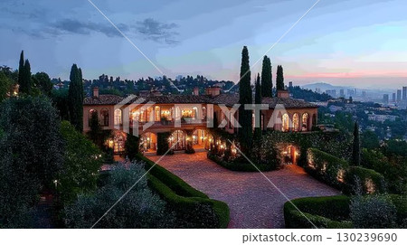 Luxurious Mansion Illuminated at Dusk with City Skyline Backdrop Luxurious Mansion Illuminated at Dusk with City Skyline Backdrop 130239690