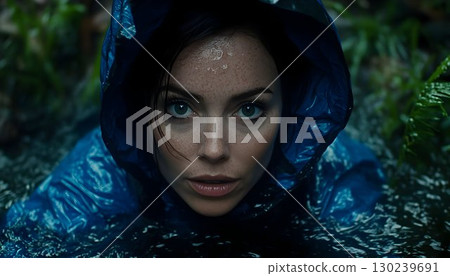 Intense gaze of a freckled woman in a blue raincoat, immersed in Intense gaze of a freckled woman in a blue raincoat, immersed in 130239691