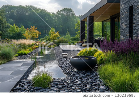Modern Landscape Design Featuring Water Feature, Stone, and Lush Modern Landscape Design Featuring Water Feature, Stone, and Lush 130239693
