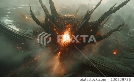 Apocalyptic Cityscape: Eruption of Energy and Destruction with T Apocalyptic Cityscape: Eruption of Energy and Destruction with T 130239726