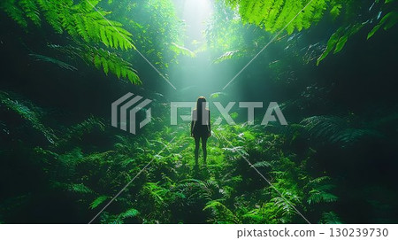 A Solitary Figure in a Lush, Radiant Rainforest 130239730