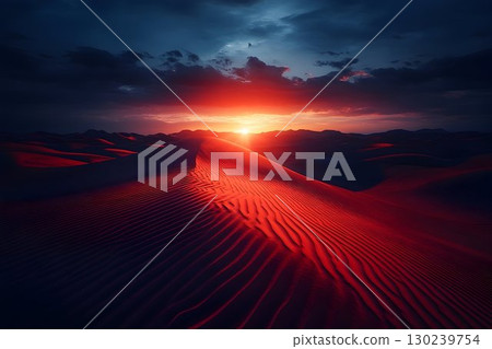 Dramatic Desert Sunset on a Red Sand Dune 130239754