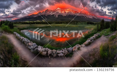 Fiery Sunset Reflection on Calm Lake with Rocky Path in Mountain 130239756