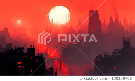Crimson Cityscape: Silhouetted Buildings Under a Blazing Sun, a 130239766
