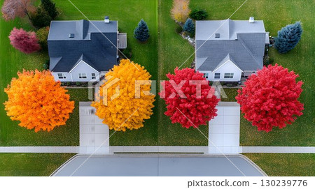 Aerial view of suburban homes with vibrant autumn foliage in ful Aerial view of suburban homes with vibrant autumn foliage in ful 130239776