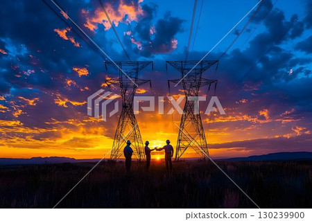 Silhouette of Workers at Sunset Beside Power Transmission Towers 130239900