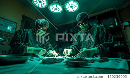 Surgeons Focused on Operation Under Bright Green Surgical Lights 130239903