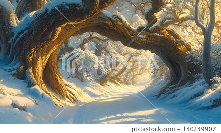 Snowy Forest Path Under Golden Light Arches of Ancient Trees 130239907