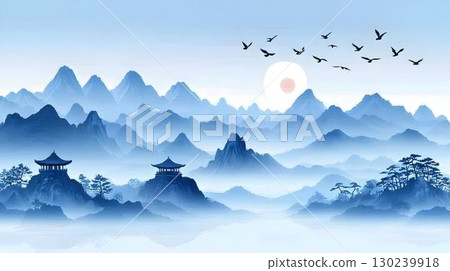 Serene Asian Landscape with Pagodas, Misty Mountains, and Birds 130239918