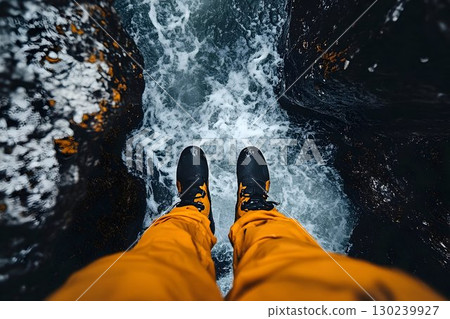 Adventurous view of rushing water from a precarious cliffside pe Adventurous view of rushing water from a precarious cliffside pe 130239927