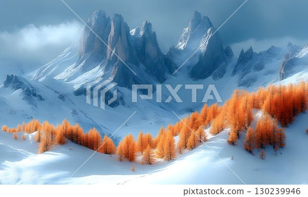 Winter Wonderland: Snowy Peaks and Vivid Autumn Trees 130239946
