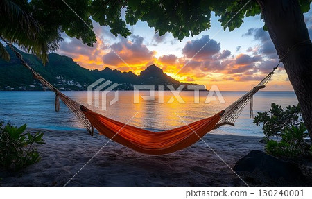 Tranquil Sunset Hammock View Over Tropical Bay 130240001