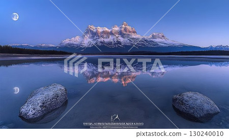 Serene Mountain Reflection at Dawn with Full Moon Serene Mountain Reflection at Dawn with Full Moon 130240010