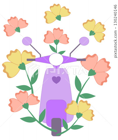 Cute purple scooter surrounded by colorful flowers, front view Cute purple scooter surrounded by colorful flowers, front view 130240146