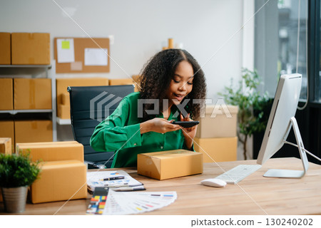 eelance woman working at home office, BOX,tablet and laptop online, marketing, packaging, delivery,  e-commerce concept 130240202