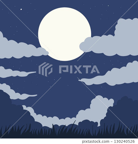 A full moon and a silhouette of a grassland seen through the clouds 130240526