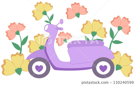 Cute purple scooter surrounded by colorful flowers, side view Cute purple scooter surrounded by colorful flowers, side view 130240599