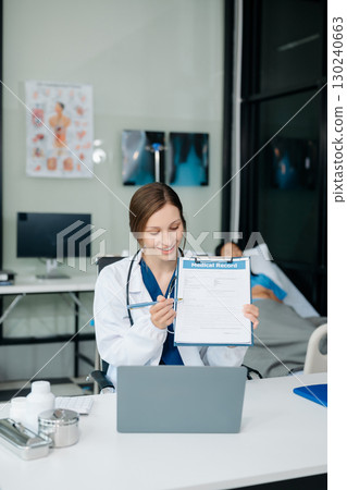 Woman doctor phone call, healthcare talking and medical service writing sick note, surgery planning and prescription. 130240663