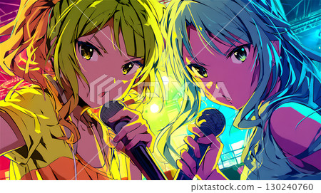 兩位女士在色彩繽紛的舞台上唱歌 130240760