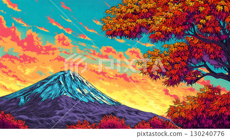 富士山和紅葉的色彩繽紛的秋季風景 130240776