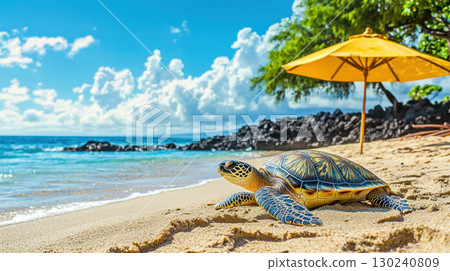 stylish turtle sunbathing on sandy beach in Hawaii with beach umbrella nearby, enjoying sunny day and tranquil ocean view 130240809