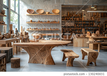 bright artisanal workshop showcasing handcrafted wooden furniture and decor, including tables, benches, and bowls, with rustic yet elegant charm 130240831