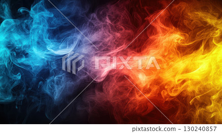 Colorful smoke blend in blue, orange, and red hues creates dynamic visual 130240857