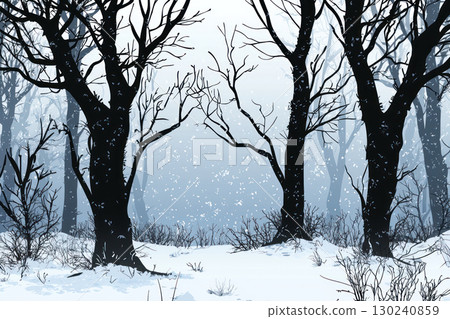 Winter woodland silhouette with bare trees and fresh snow creating serene atmosphere Winter woodland silhouette with bare trees and fresh snow creating serene atmosphere 130240859