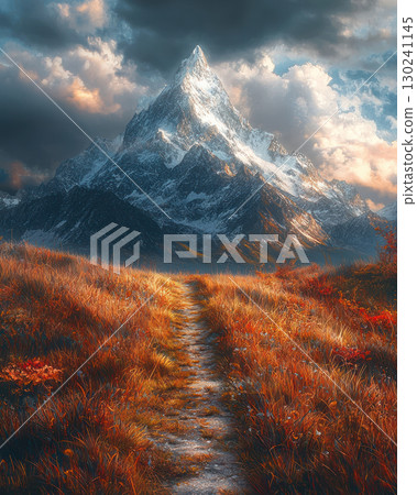 scenic path leads to majestic mountain peak, symbolizing success and adventure. vibrant landscape evokes sense of wonder and 130241145