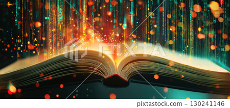 Open book with glowing data streams and vibrant particles, symbolizing knowledge and innovation in ESG governance reporting 130241146