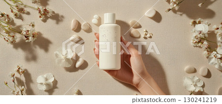flat lay featuring manicured hand holding white bottle surrounded by stones and petals on beige surface, evoking tranquility 130241219