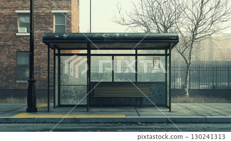 Desaturated bus stop muted shelter urban waiting melancholic feel on an city street creates an gloomy atmosphere 130241313