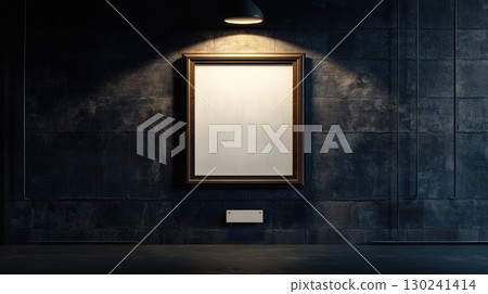 empty white painting with frame in dark room illuminated by spotlight, creating cinematic atmosphere 130241414