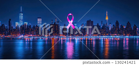 vibrant city skyline at night with pink cancer awareness ribbon glowing, symbolizing global support 130241421