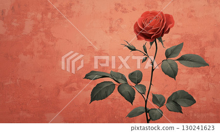 Elegant single red rose on textured orange background, minimalist style 130241623