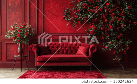 Elegant red velvet sofa surrounded by roses on deep red wall Elegant red velvet sofa surrounded by roses on deep red wall 130241624