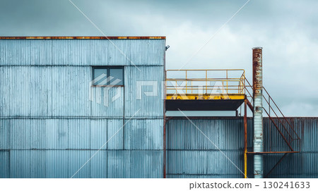 Industrial modular structure with prefabricated units under overcast sky. raw materials create stark, modern aesthetic Industrial modular structure with prefabricated units under overcast sky. raw materials create stark, modern aesthetic 130241633