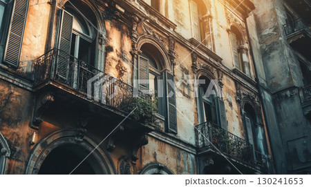 Soft sunlight vintage building exterior shows old world charm and sense of historic grandeur, it looks beautiful and artistic 130241653