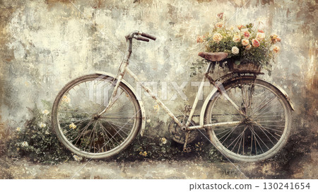 vintage bicycle rustic charm with flowers shows serenity, this is charming bicycle image with soft focus vintage bicycle rustic charm with flowers shows serenity, this is charming bicycle image with soft focus 130241654