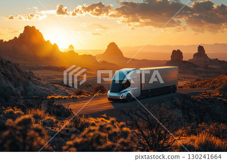 futuristic semi truck drives into horizon golden hour, surrounded by desert plains and rugged hills, creating stunning scene 130241664
